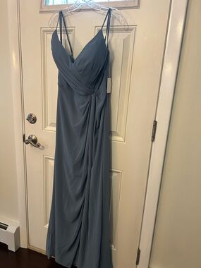 Mori Lee Dusty Blue Draped Spaghetti-Strap Maxi Dress
